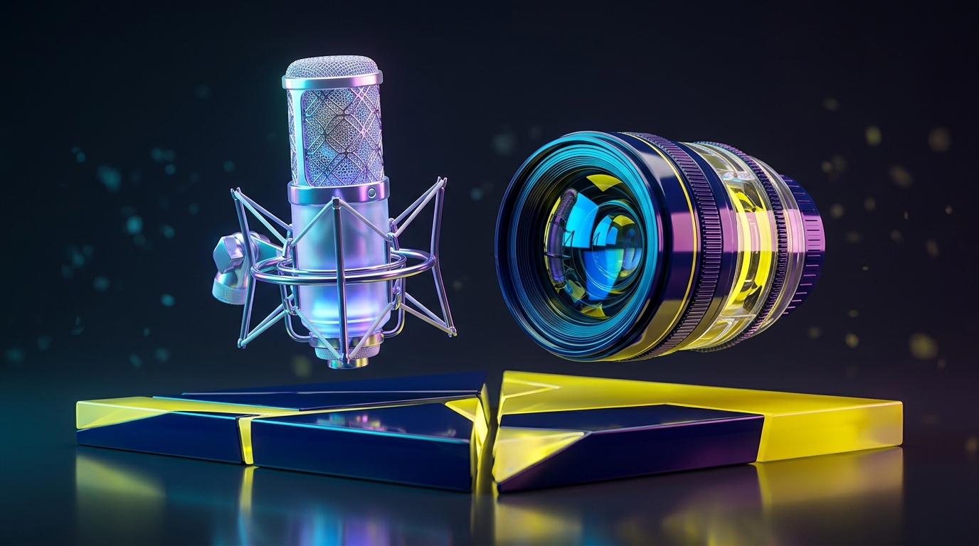A studio microphone and cinema lens side-by-side, representing the choice between audio and video podcasting formats.