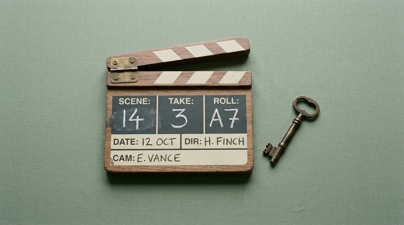 A wooden film clapperboard next to a brass key, representing secrets to successful B2B video marketing.