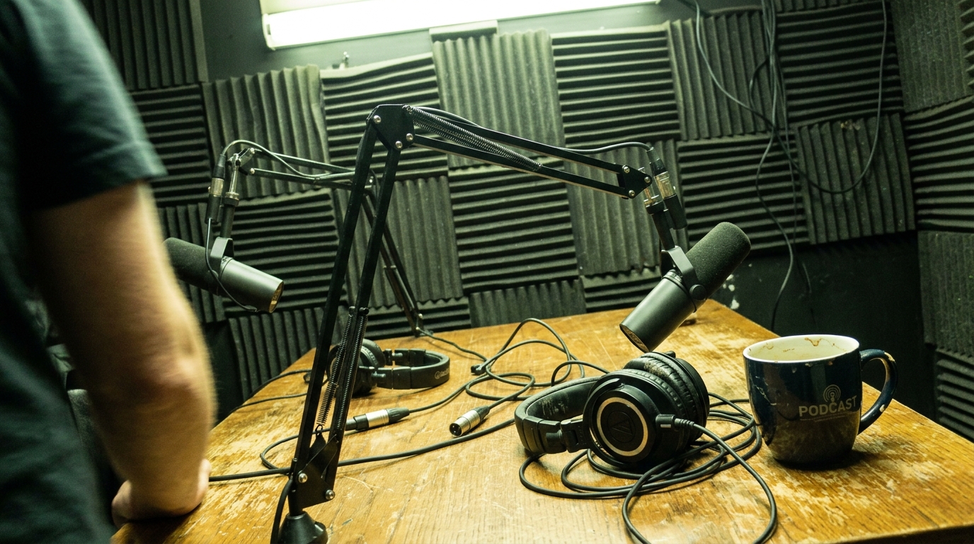 A casual podcast studio setup in Bristol with microphones on boom arms and acoustic wall panels.