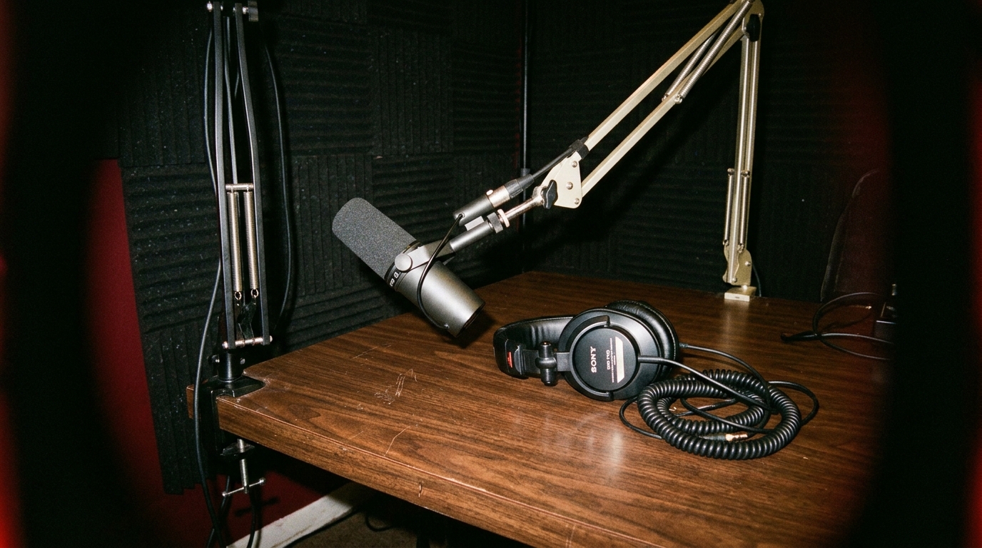 A podcast microphone and headphones on a studio desk, representing Edinburgh's top podcast recording spaces.