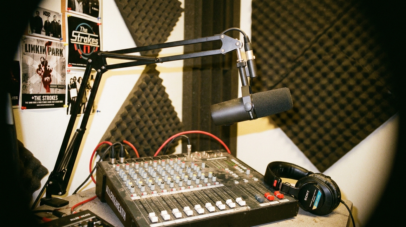 A professional microphone and headphones in a recording studio, highlighting Leeds podcast spaces.