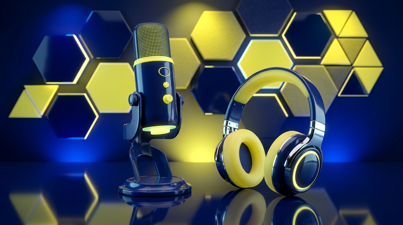 Professional podcast microphone and headphones in a modern studio setup, representing premium London podcast venues.