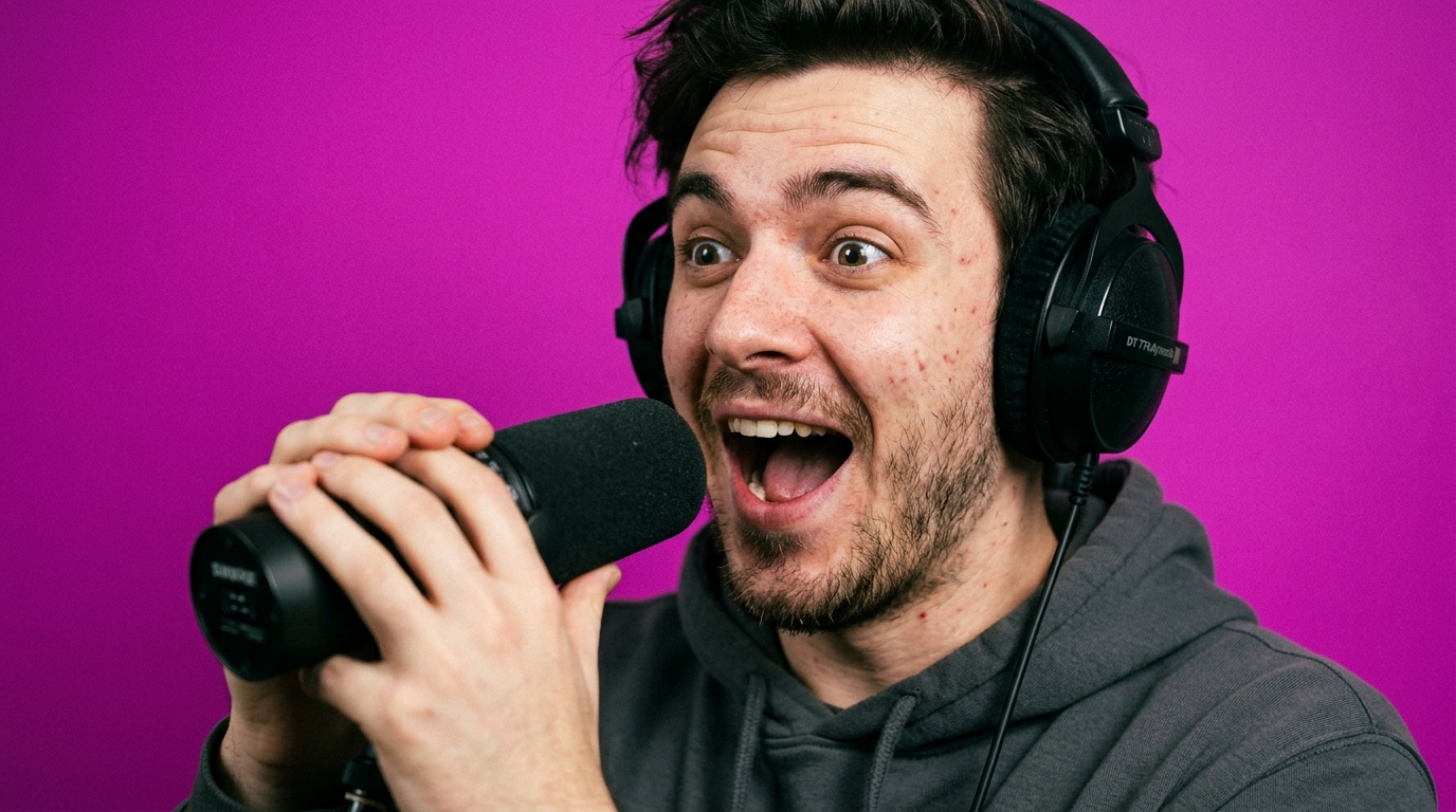 A delighted podcaster with headphones and a microphone, representing Manchester's top podcast studio hire options.