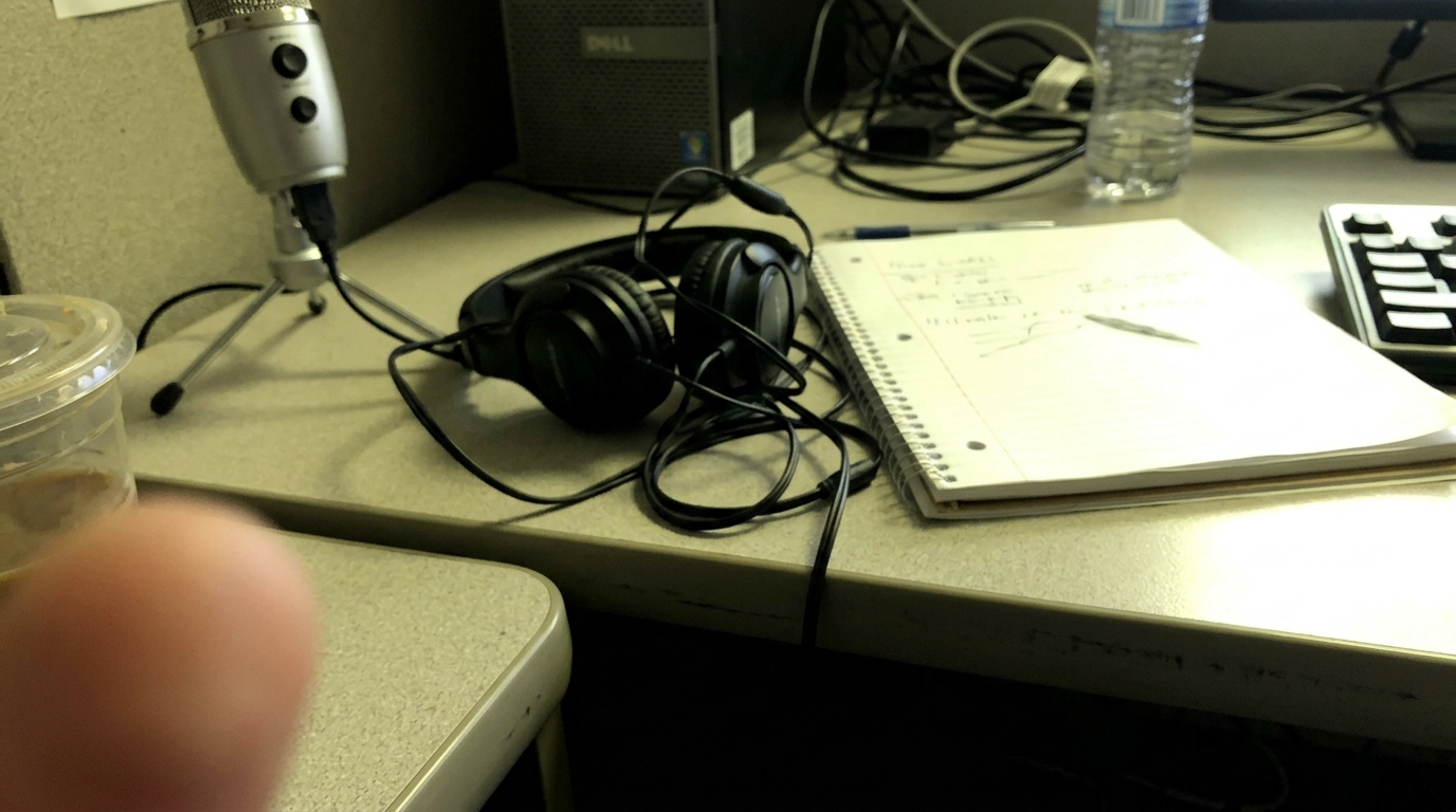 A desk setup with a microphone, headphones, and notebook for capturing ideas from thought leadership podcasts.