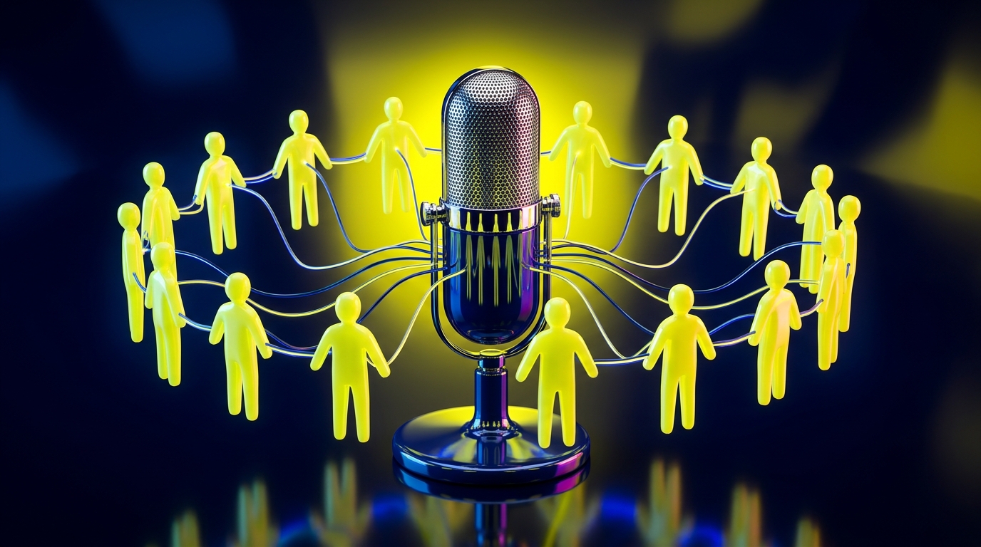 A studio microphone surrounded by a network of human figures, symbolizing an employer brand podcast for HR.