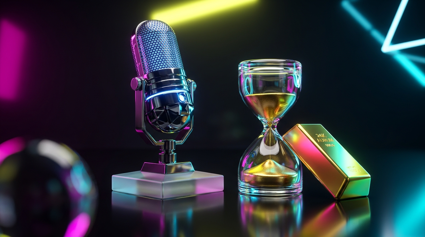 A studio microphone, hourglass, and gold bar representing the ROI and time commitment of executive podcasting.