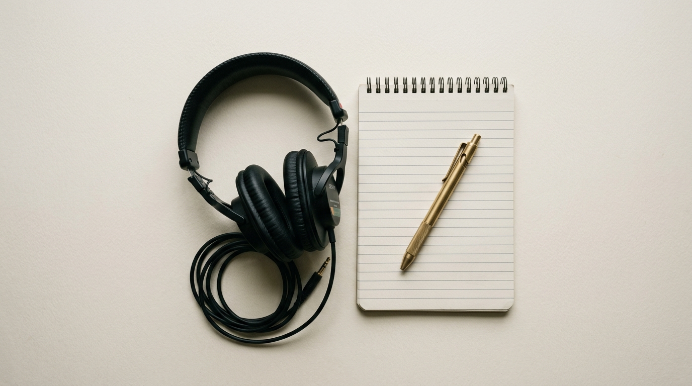 Studio headphones and a brass pen on a notepad, representing the process of hiring a podcast producer.