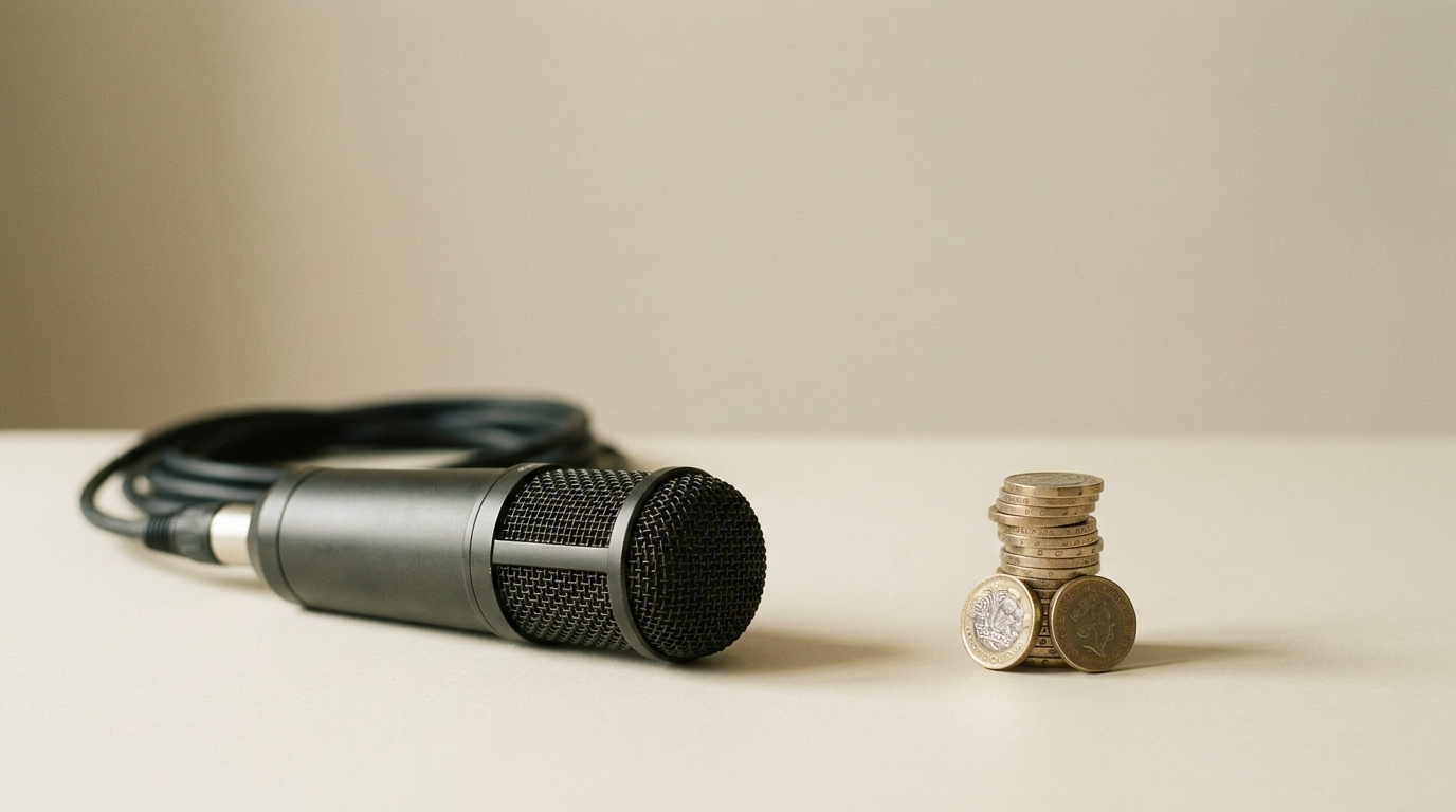 A studio microphone next to a stack of British coins, representing UK podcast production costs and budgeting.