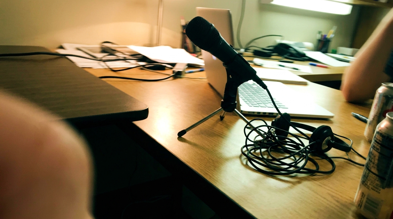 A desk setup with a USB microphone and laptop, illustrating the tools used for remote podcast guesting.