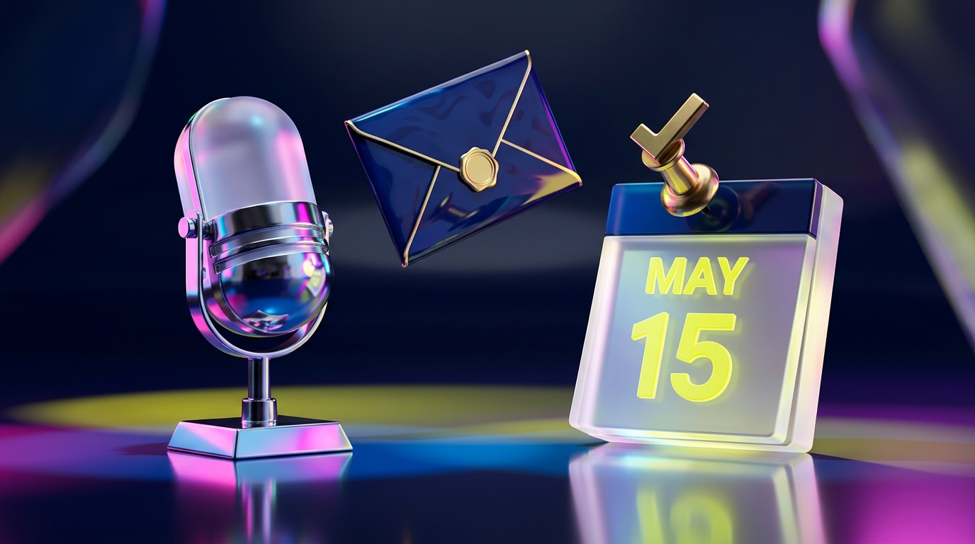 A studio microphone, calendar, and envelope representing the process of finding and booking B2B podcast guests.