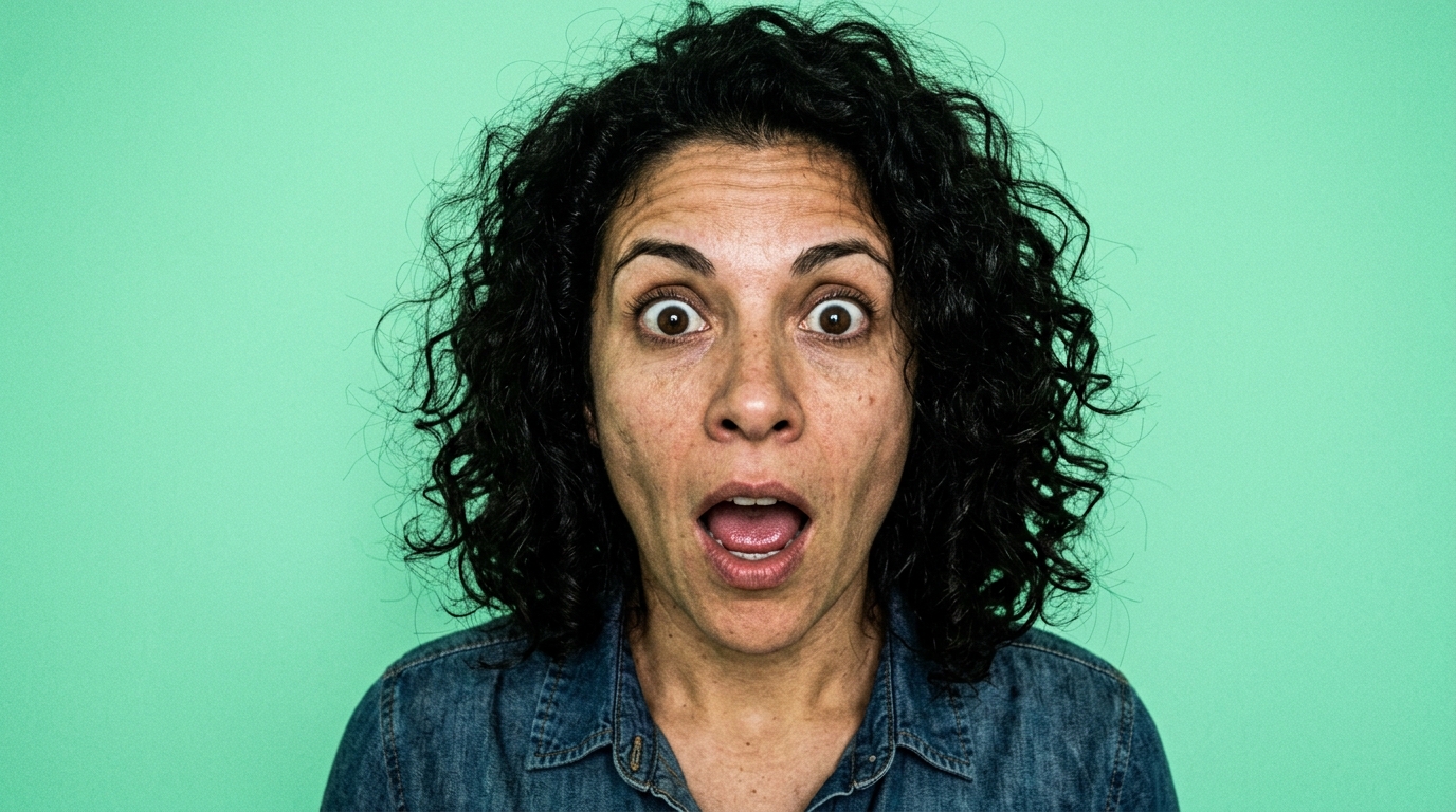 A woman with a wide-eyed expression of sudden realization, symbolizing a podcast growth breakthrough.