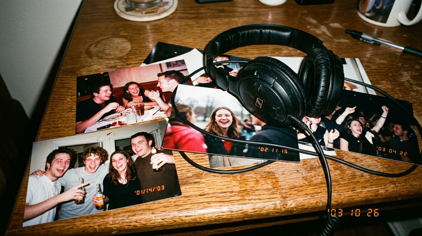 Candid photos of people on a table with headphones, representing the actual listeners behind podcast audience data.