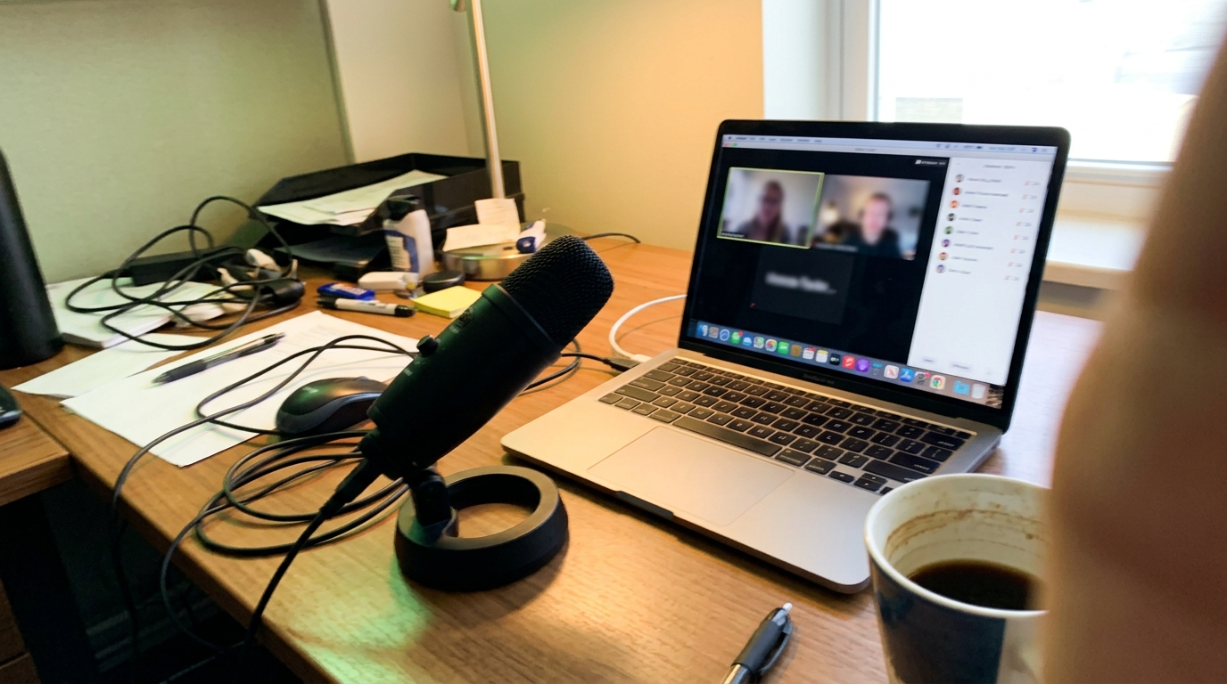A USB microphone and open laptop on an office desk, illustrating a B2B remote podcast guesting setup.
