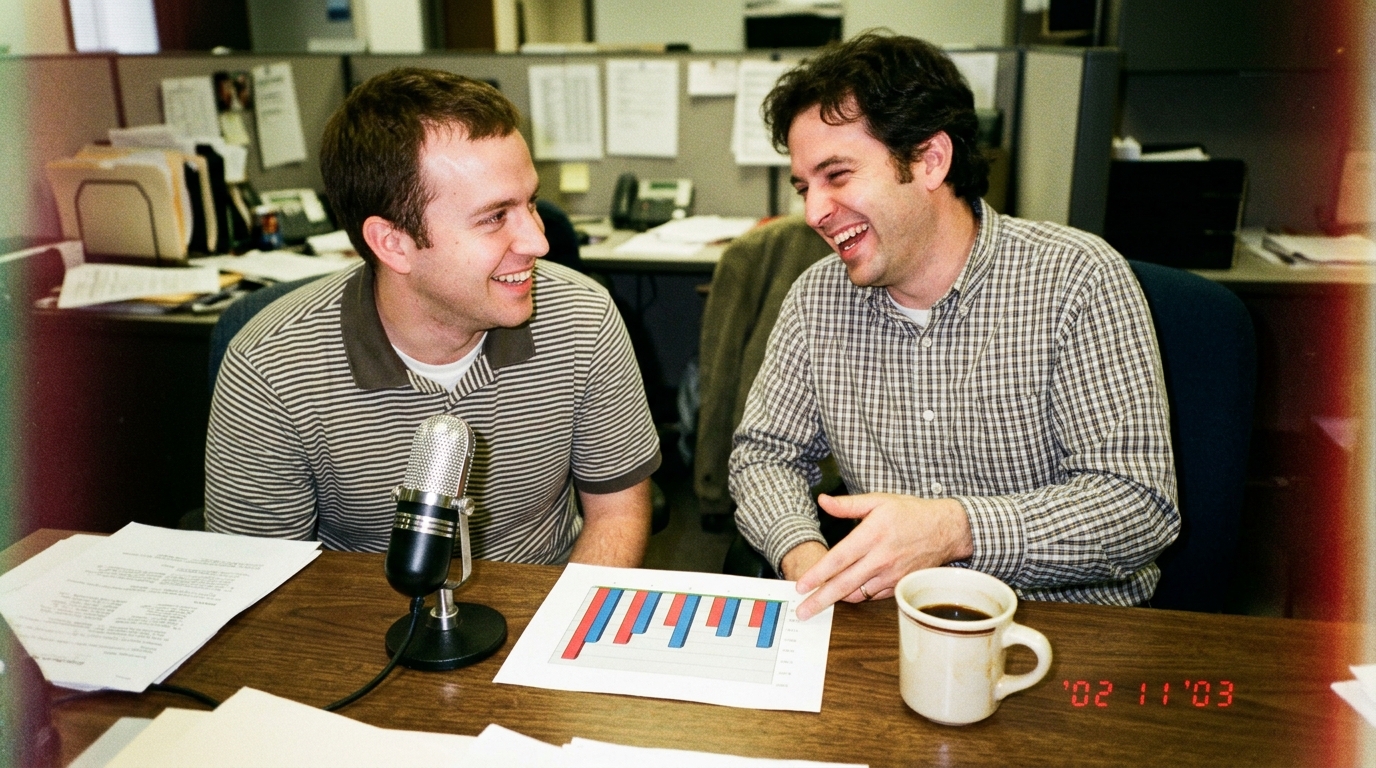 Two office colleagues analyze a printed performance chart next to a podcast microphone, representing B2B podcast metrics.