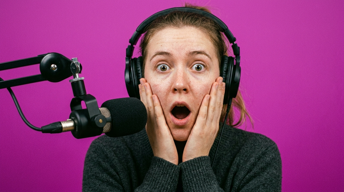 A woman looking shocked while wearing podcast headphones, symbolizing the sudden realization of needing a podcast strategy.