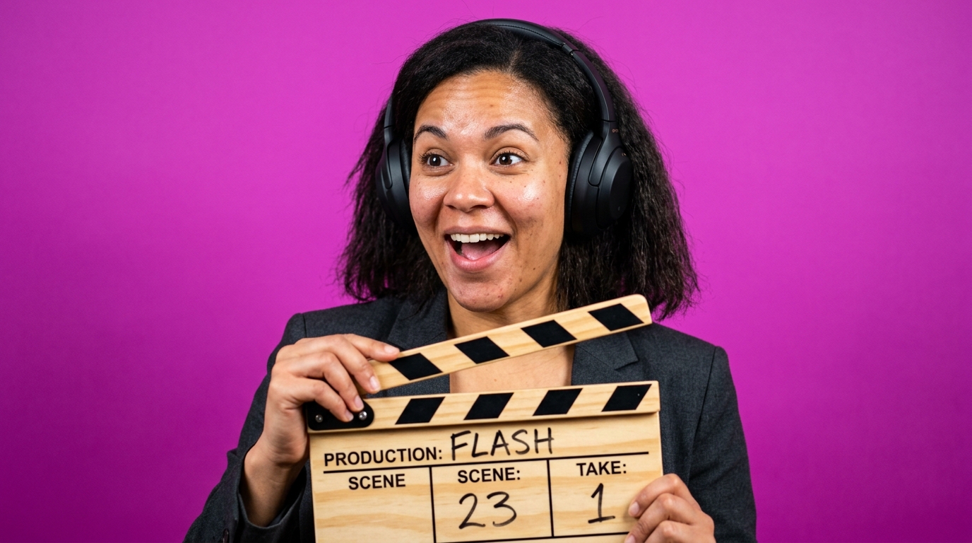 A delighted B2B marketer holding a film clapperboard, symbolizing a successful video content strategy.