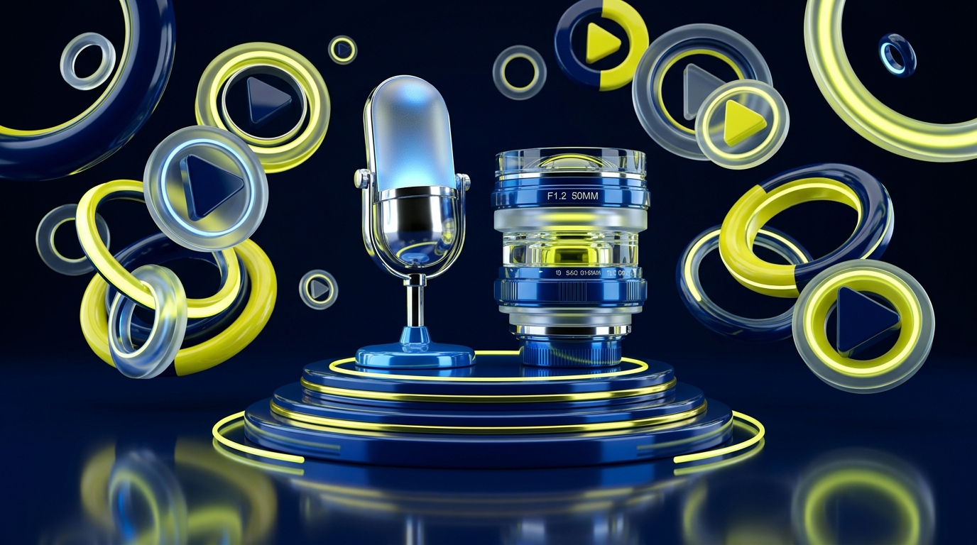 A futuristic microphone and camera lens on a pedestal, representing professional B2B video podcast production tactics.
