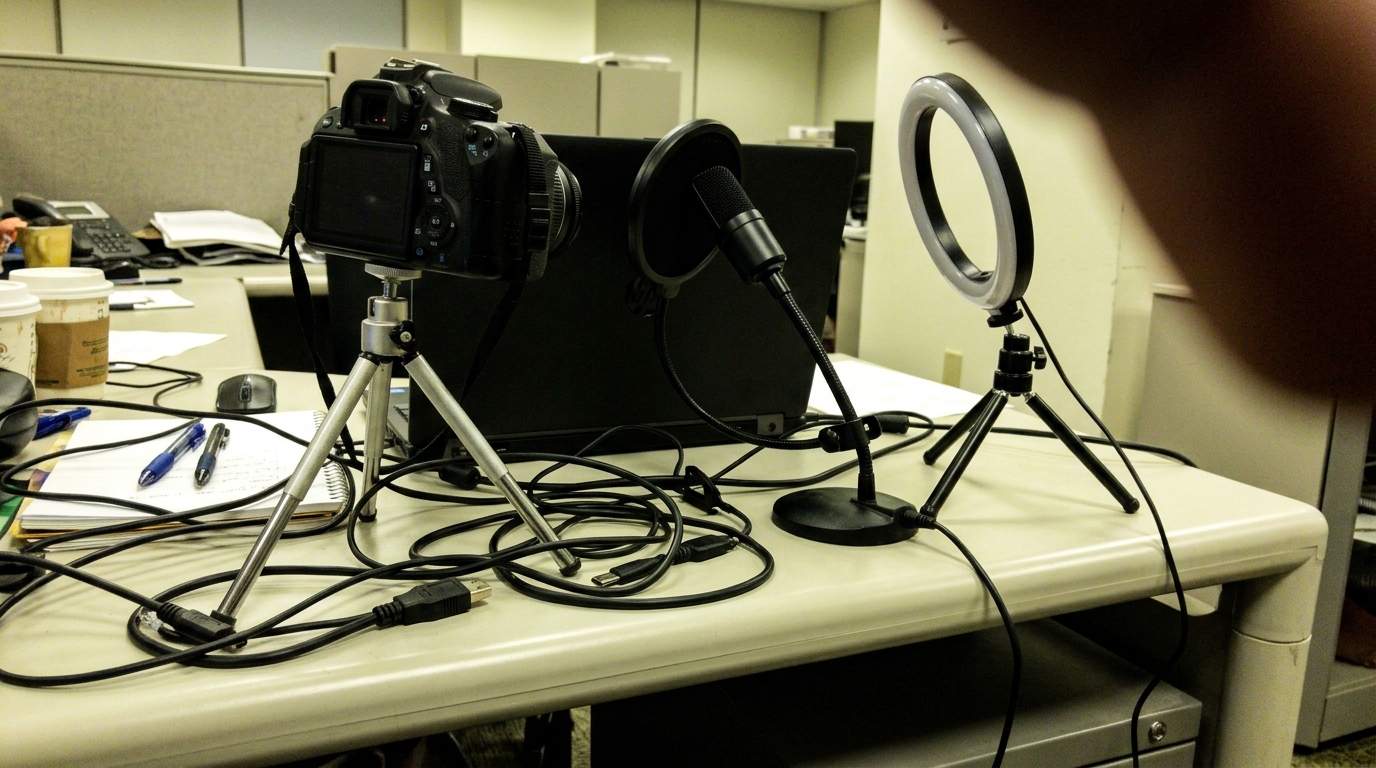 A DIY video podcast equipment setup on an office desk, featuring a camera, microphone, and ring light.