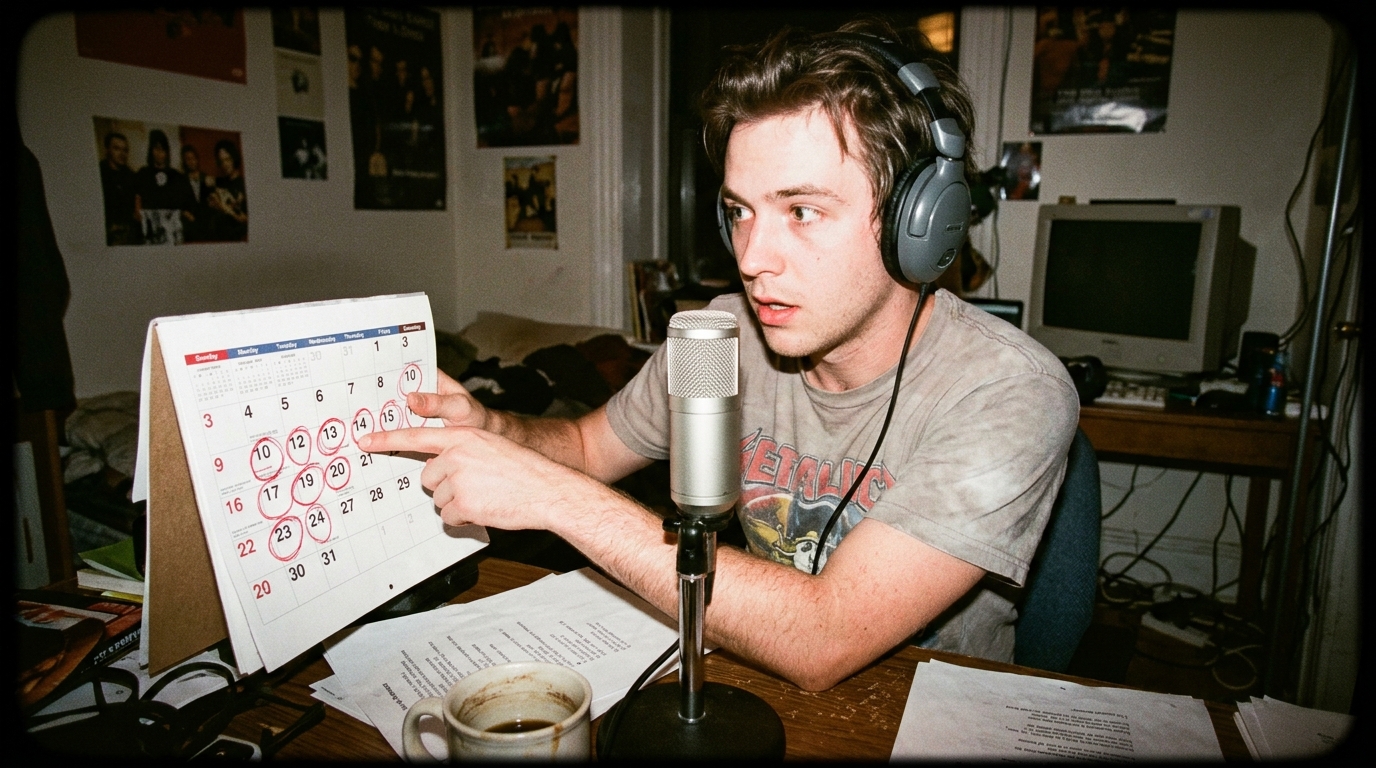 A podcast guest speaking into a microphone next to a calendar with circled dates, representing a scheduled podcast tour.