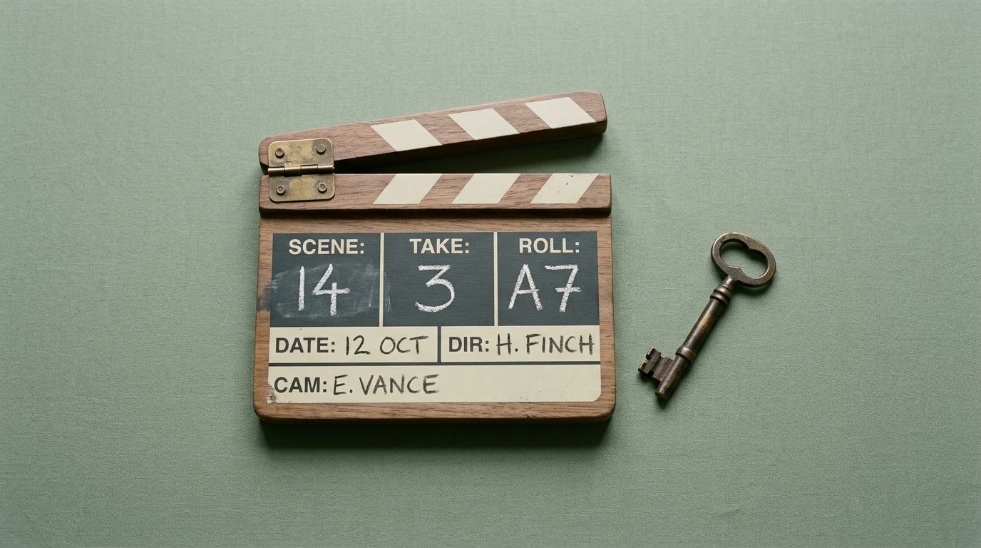 A wooden film clapperboard next to a brass key, representing secrets to successful B2B video marketing.