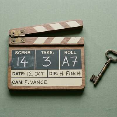 A wooden film clapperboard next to a brass key, representing secrets to successful B2B video marketing.