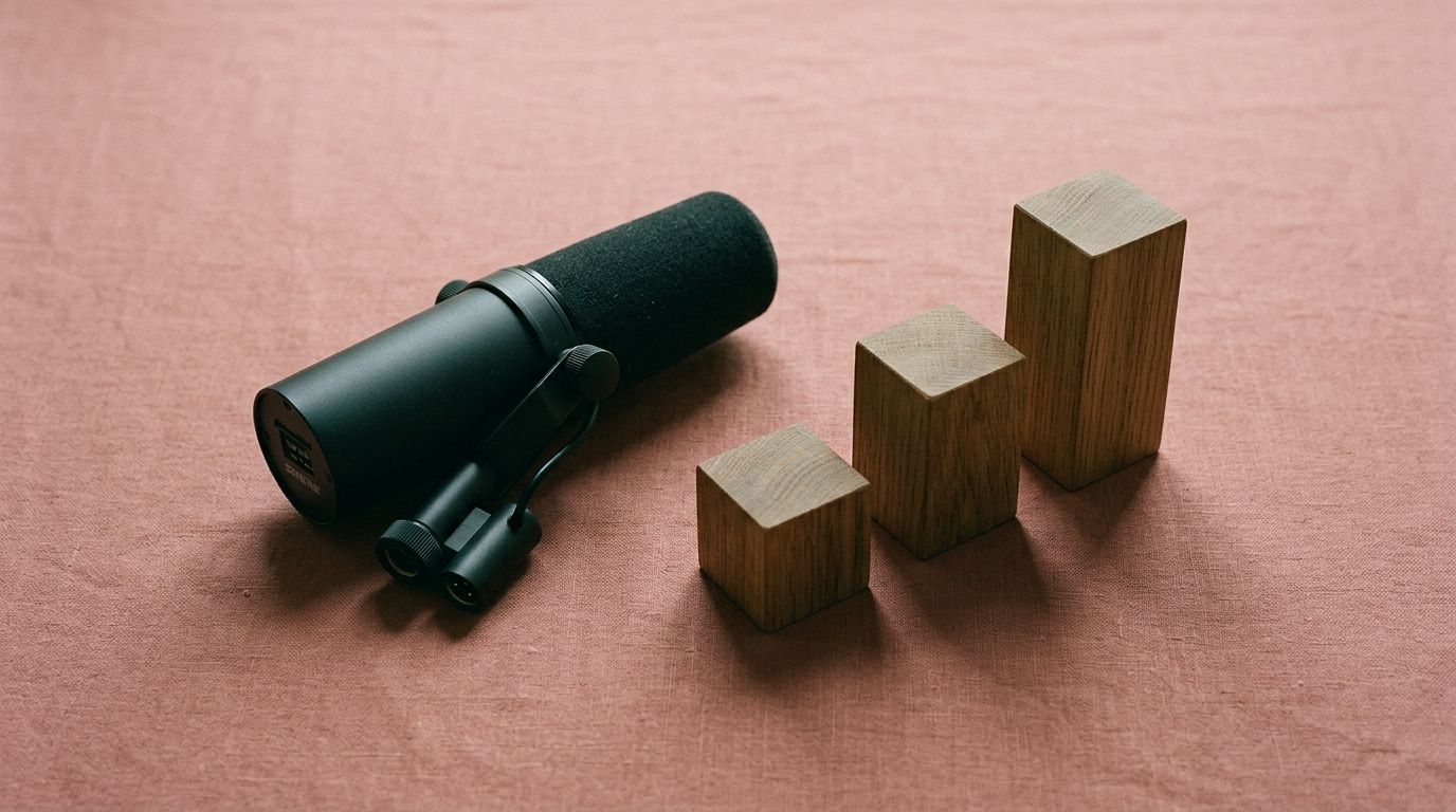 A studio microphone next to three wooden blocks of graduating heights, representing podcast growth and analytics.