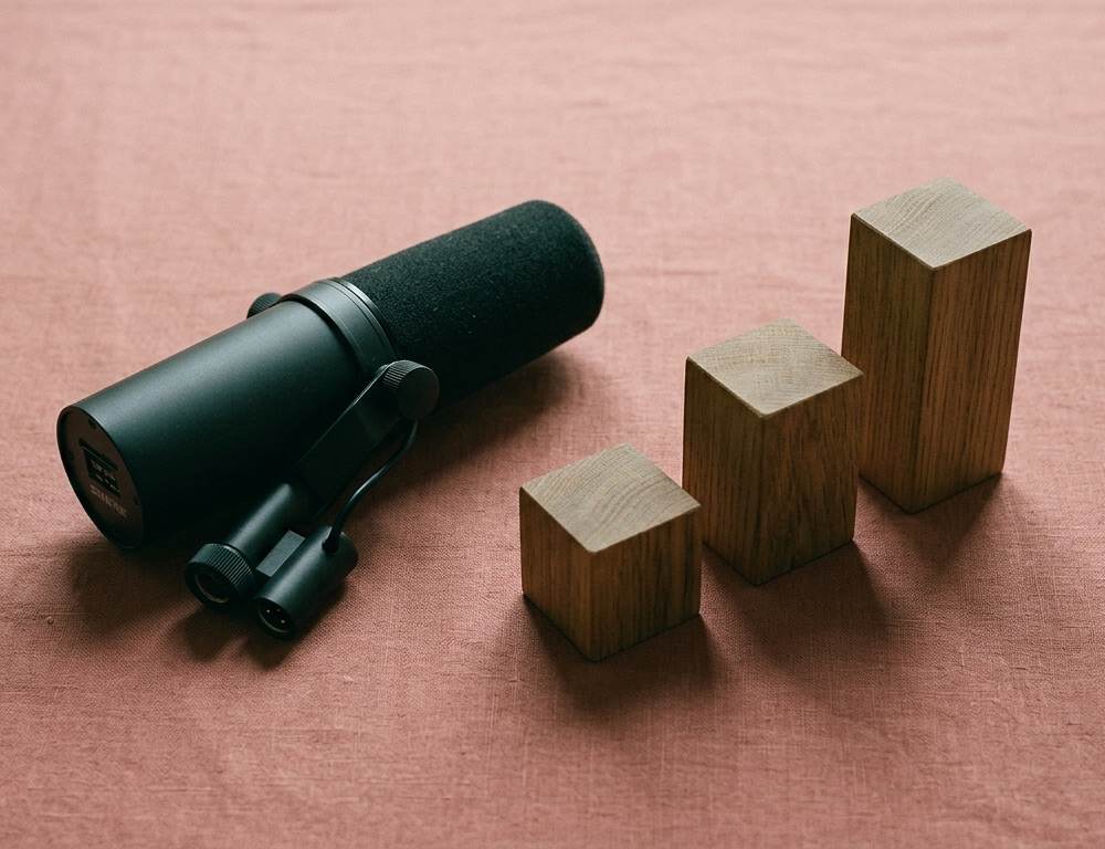 A studio microphone next to three wooden blocks of graduating heights, representing podcast growth and analytics.