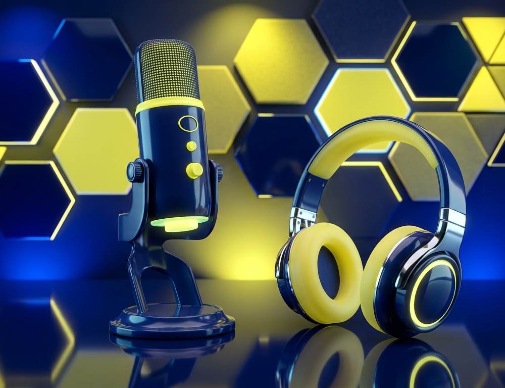 Professional podcast microphone and headphones in a modern studio setup, representing premium London podcast venues.