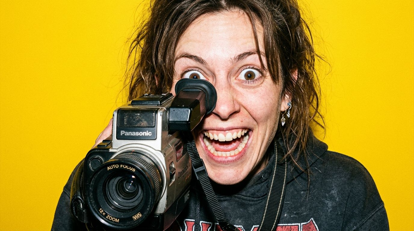A manic filmmaker peering through a video camera, representing the search for top London video agencies.