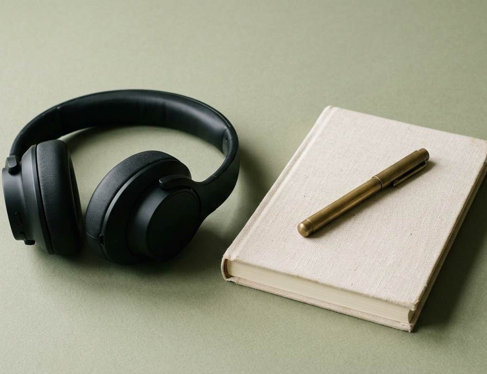 Studio headphones next to a notebook, symbolizing the analysis and playbooks of successful corporate podcasts.