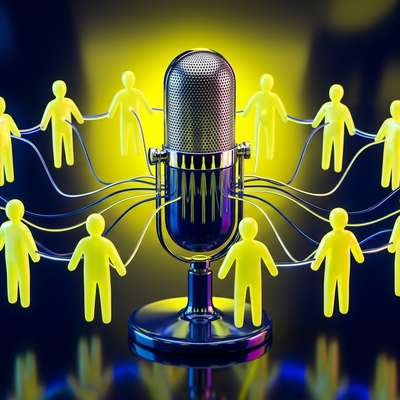 A studio microphone surrounded by a network of human figures, symbolizing an employer brand podcast for HR.