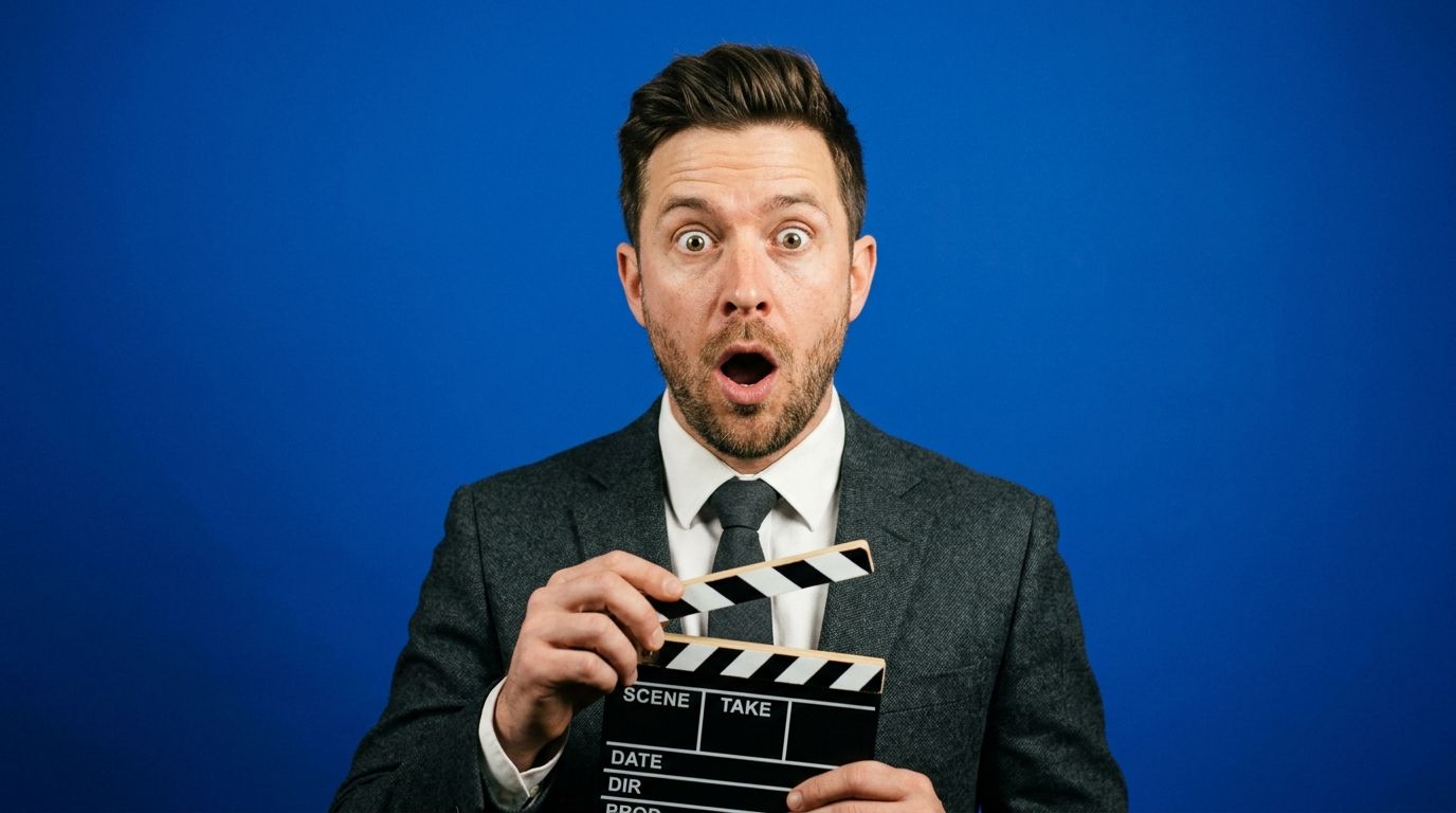 A shocked businessman holding a clapperboard, representing B2B explainer video costs and agency selection.