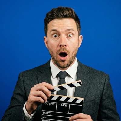 A shocked businessman holding a clapperboard, representing B2B explainer video costs and agency selection.