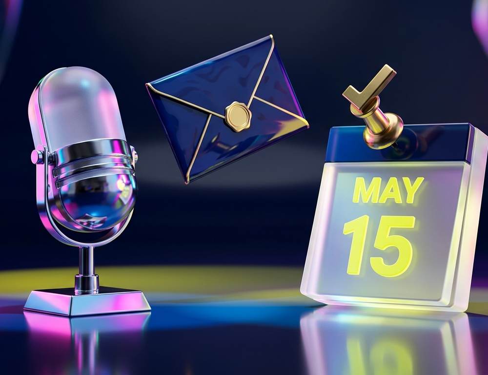A studio microphone, calendar, and envelope representing the process of finding and booking B2B podcast guests.