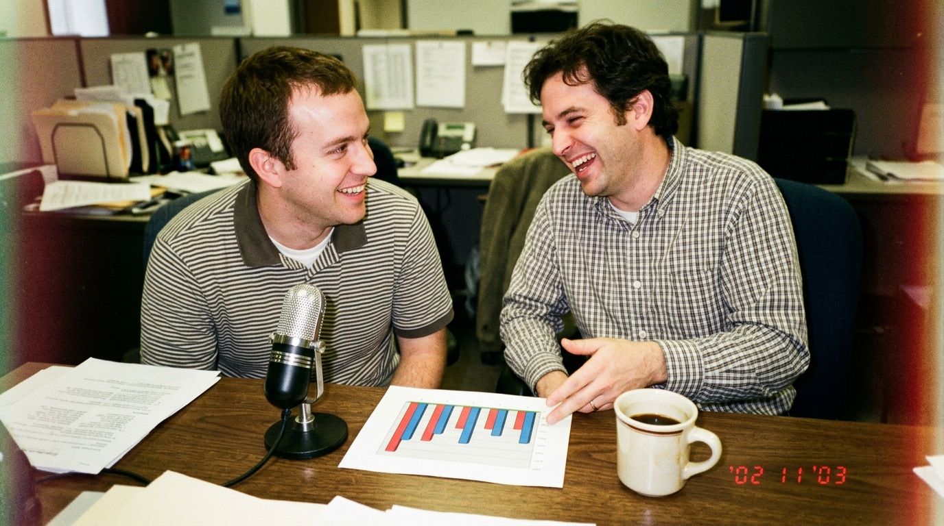 Two office colleagues analyze a printed performance chart next to a podcast microphone, representing B2B podcast metrics.