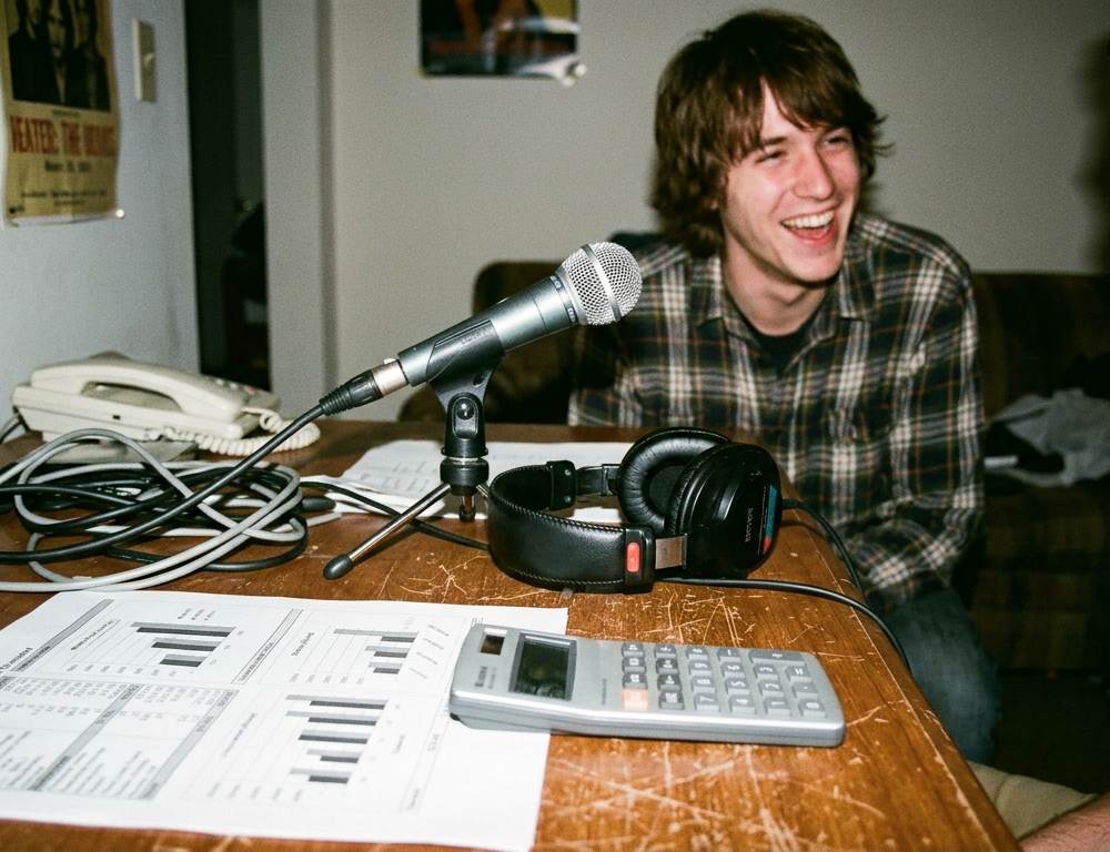 A podcast microphone and headphones next to a financial spreadsheet on a desk, symbolizing podcast ROI analysis.