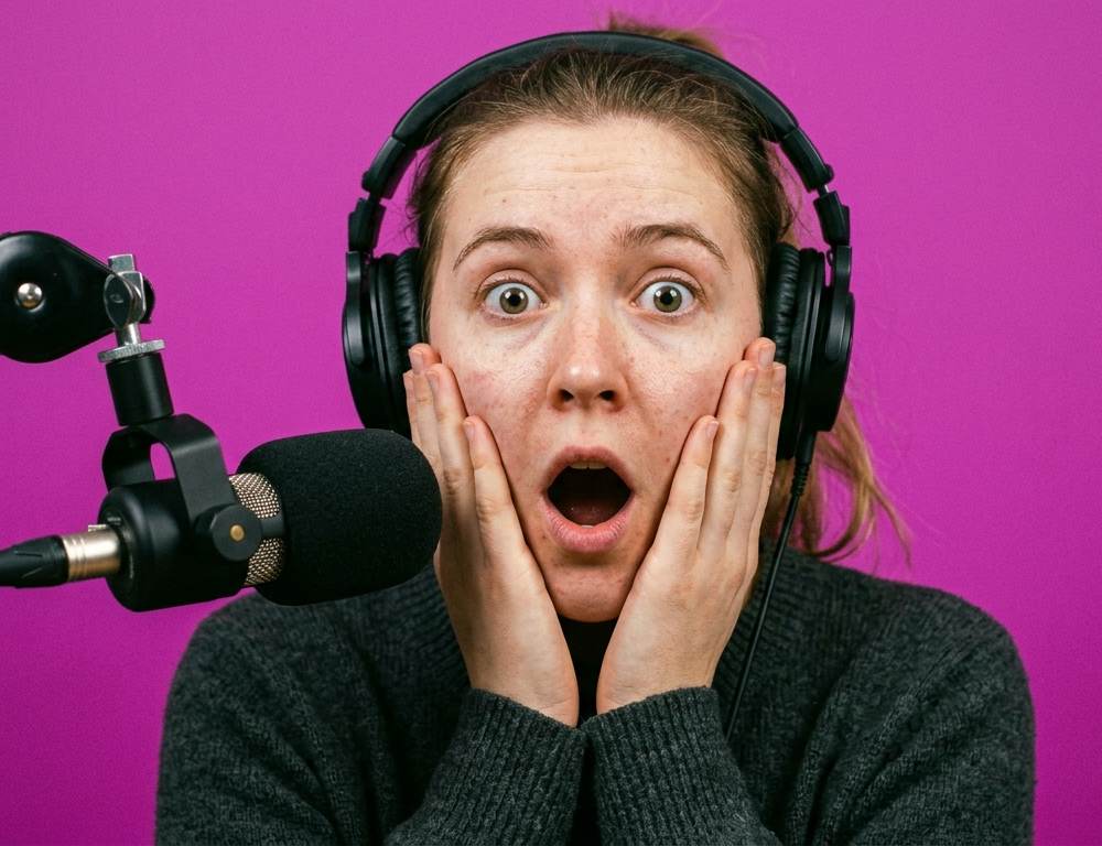 A woman looking shocked while wearing podcast headphones, symbolizing the sudden realization of needing a podcast strategy.